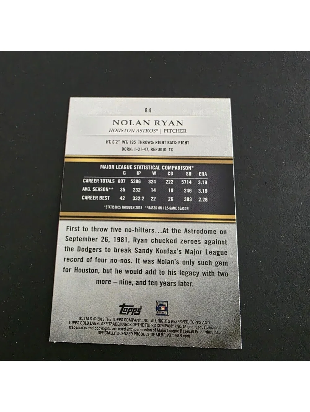 2019 Topps Gold Label - Nolan Ryan #84 Class 2